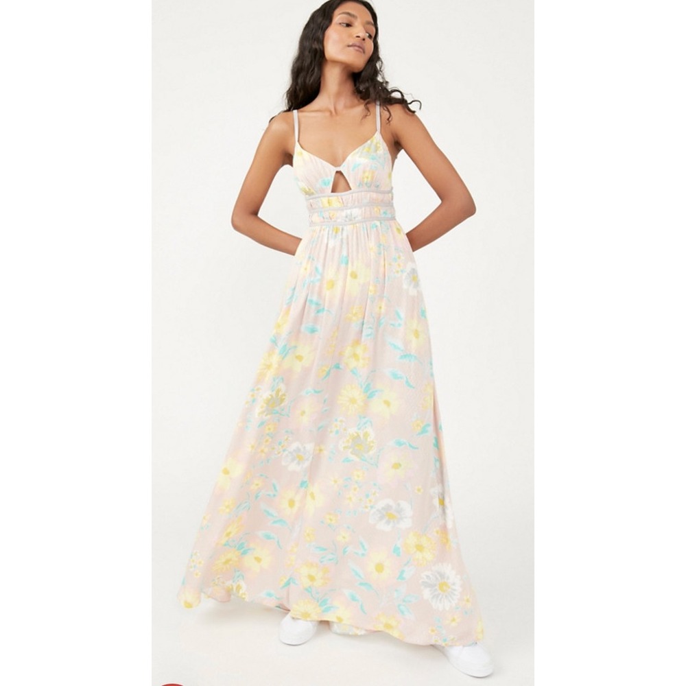 Free People Wisteria Floral Maxi Dress Small Pink Yellow Boho Open Back Fall
